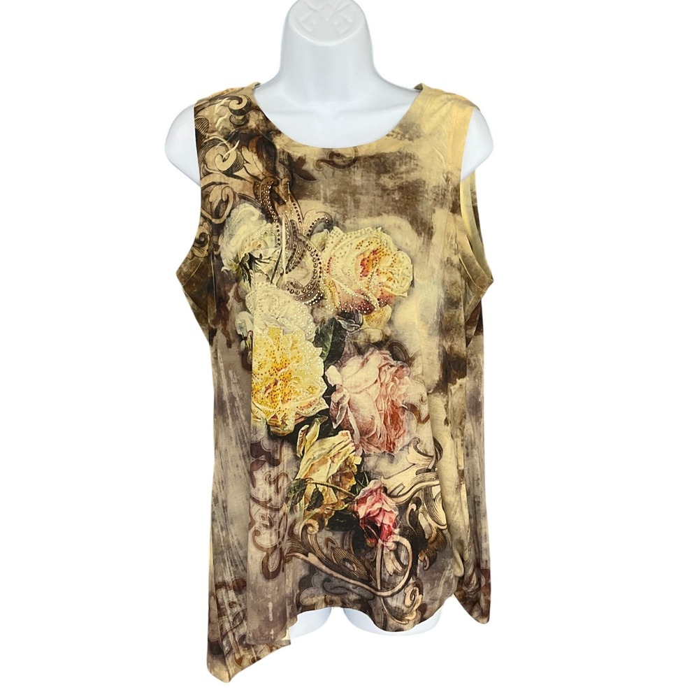 B.L.E.U. Petite Womens Sz L Sleeveless Floral Rhinestone Lace Top Bloomcore